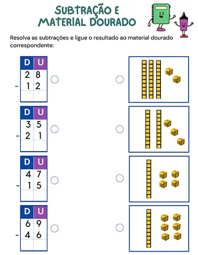 Exercícios de subtração com Material Dourado